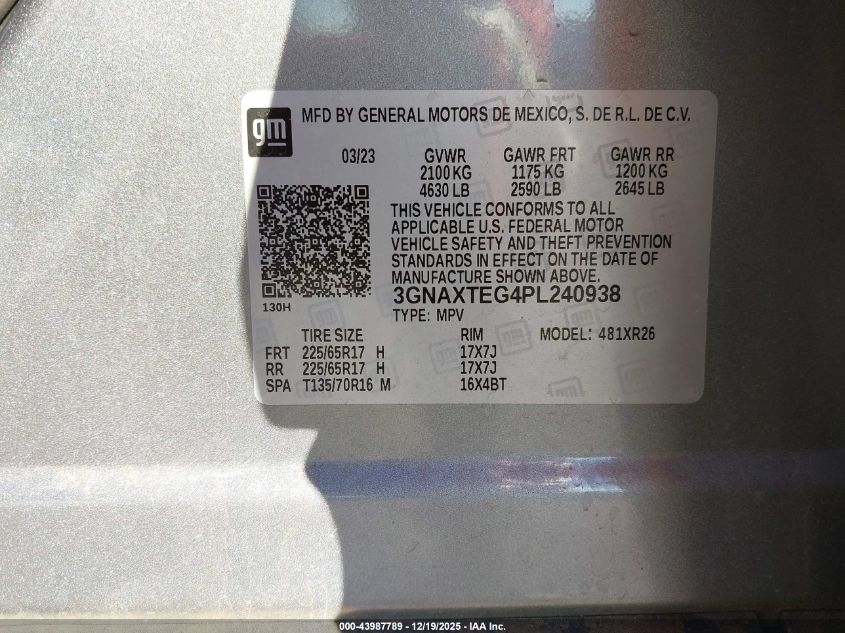 2023 Chevrolet Equinox Awd 2Fl VIN: 3GNAXTEG4PL240938 Lot: 43987789