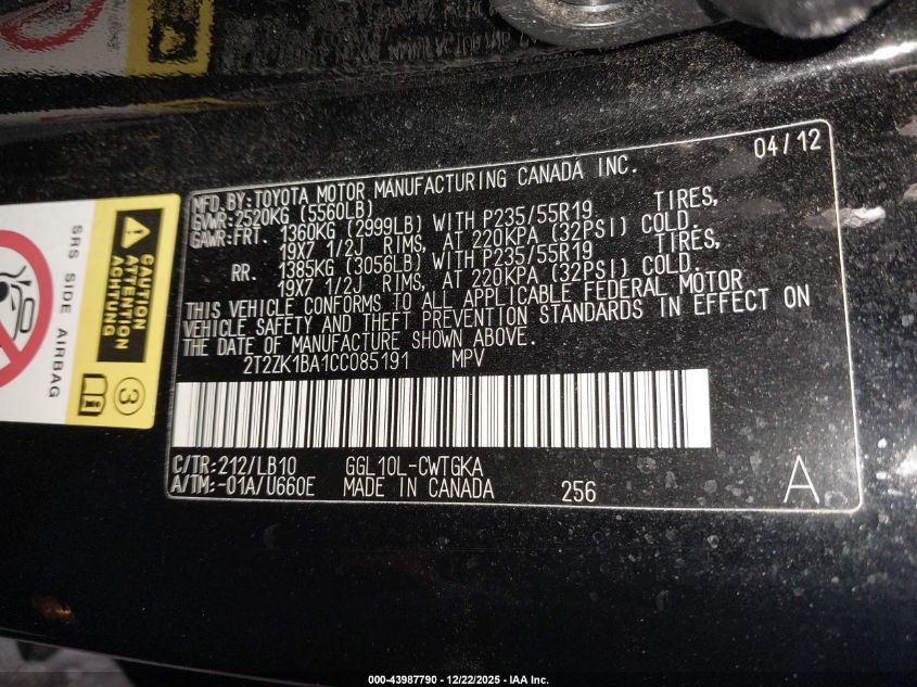 2012 Lexus Rx 350 VIN: 2T2ZK1BA1CC085191 Lot: 43987790