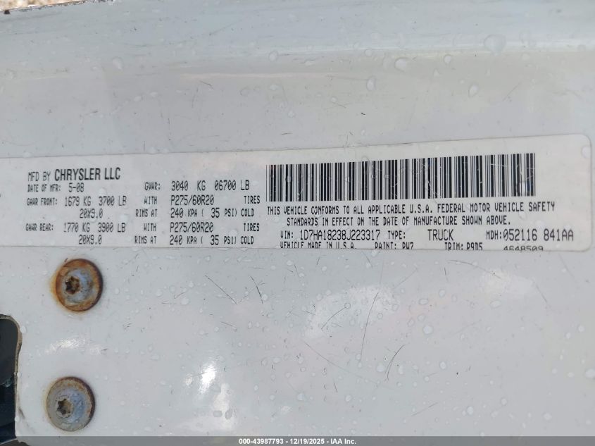 2008 Dodge Ram 1500 Slt VIN: 1D7HA18238J223317 Lot: 43987793