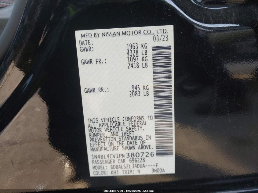 2023 Nissan Altima Sr Fwd VIN: 1N4BL4CV1PN380726 Lot: 43987799