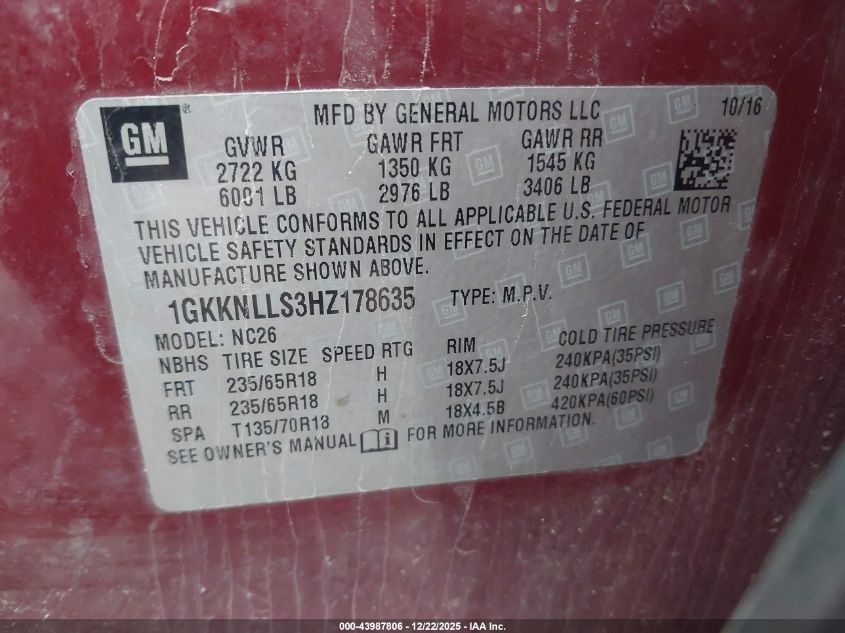 2017 GMC Acadia Sle-2 VIN: 1GKKNLLS3HZ178635 Lot: 43987806