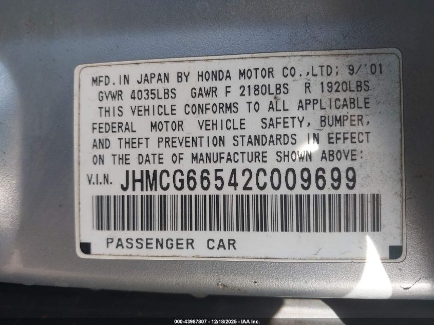 2002 Honda Accord 2.3 Lx VIN: JHMCG66542C009699 Lot: 43987807