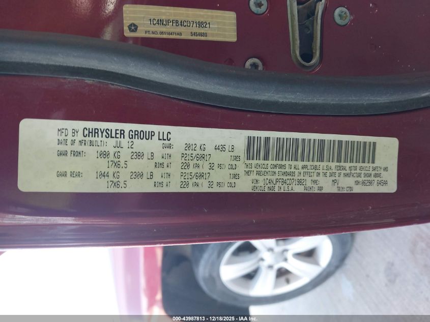 2012 Jeep Patriot Latitude VIN: 1C4NJPFB4CD719821 Lot: 43987813