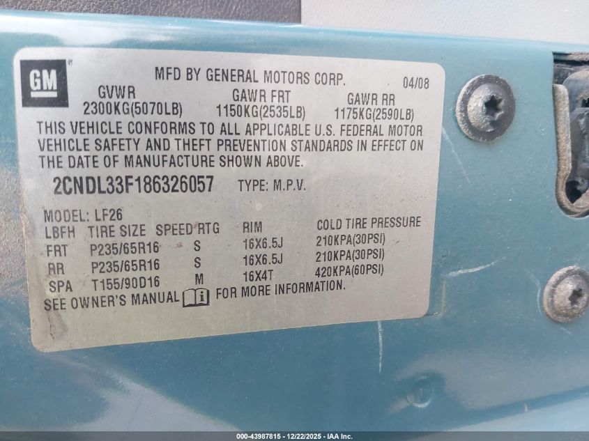 2008 Chevrolet Equinox Lt VIN: 2CNDL33F186326057 Lot: 43987815