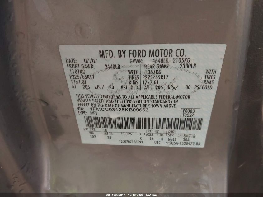 2008 Ford Escape Xlt VIN: 1FMCU93128KB09663 Lot: 43987817