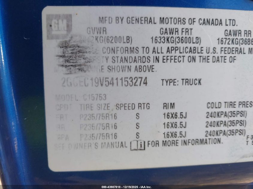 2004 Chevrolet Silverado 1500 VIN: 2GCEC19V541153274 Lot: 43987818