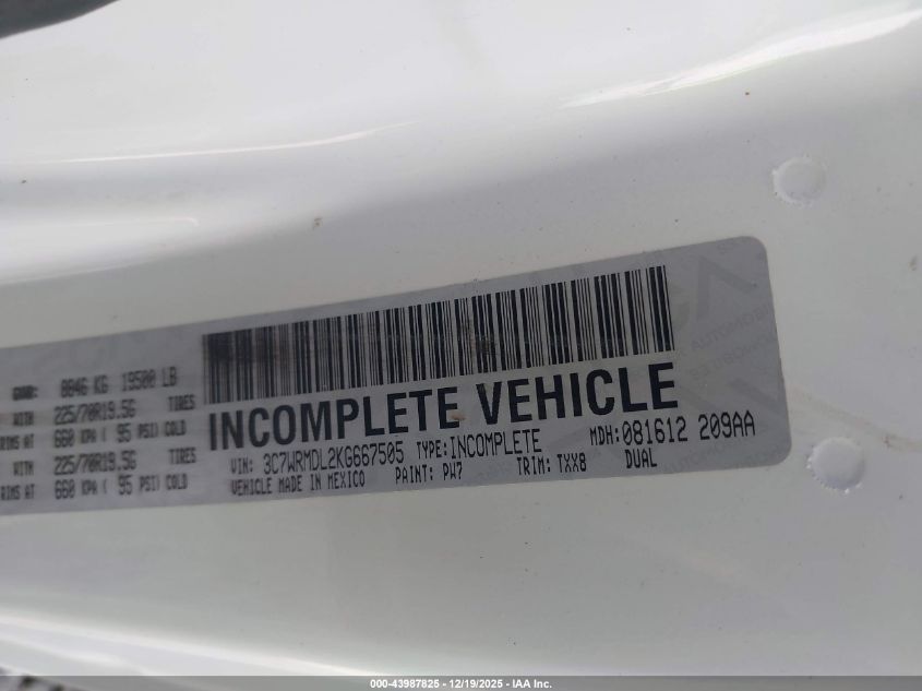 2019 Ram 5500 Chassis Tradesman/Slt VIN: 3C7WRMDL2KG667505 Lot: 43987825