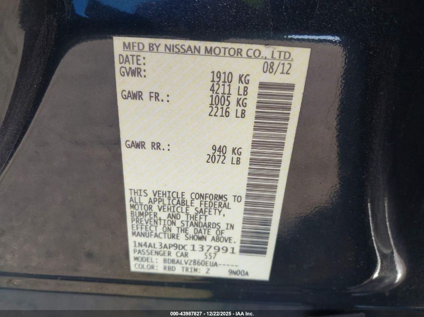 2013 Nissan Altima 2.5 Sl VIN: 1N4AL3AP9DC137991 Lot: 43987827