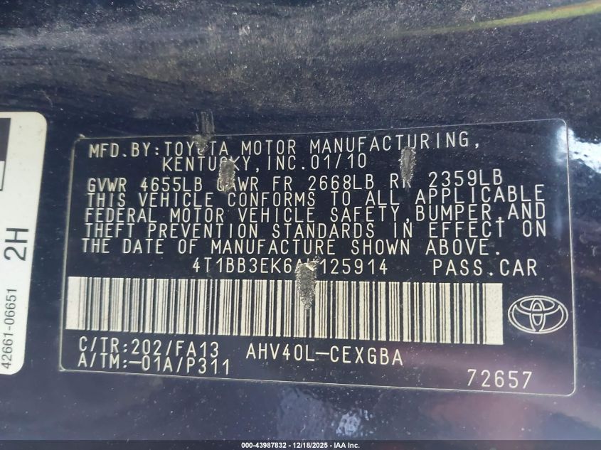 2010 Toyota Camry Hybrid VIN: 4T1BB3EK6AU125914 Lot: 43987832