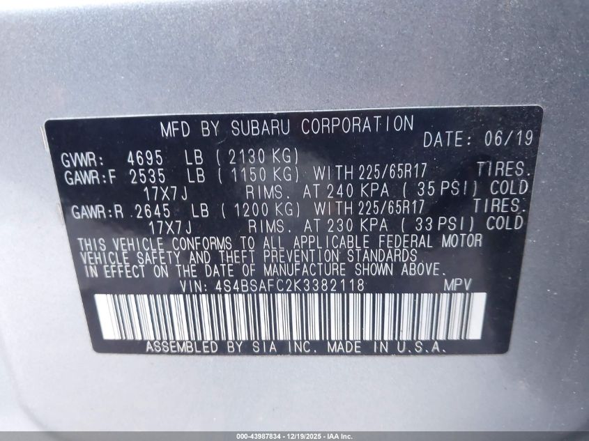 2019 Subaru Outback 2.5I Premium VIN: 4S4BSAFC2K3382118 Lot: 43987834