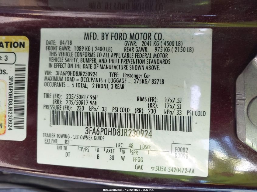 2018 Ford Fusion Se VIN: 3FA6P0HD8JR230924 Lot: 43987838