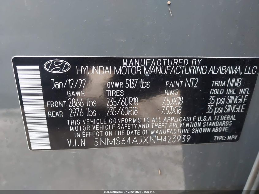 2022 Hyundai Santa Fe Sel VIN: 5NMS64AJXNH423939 Lot: 43987839