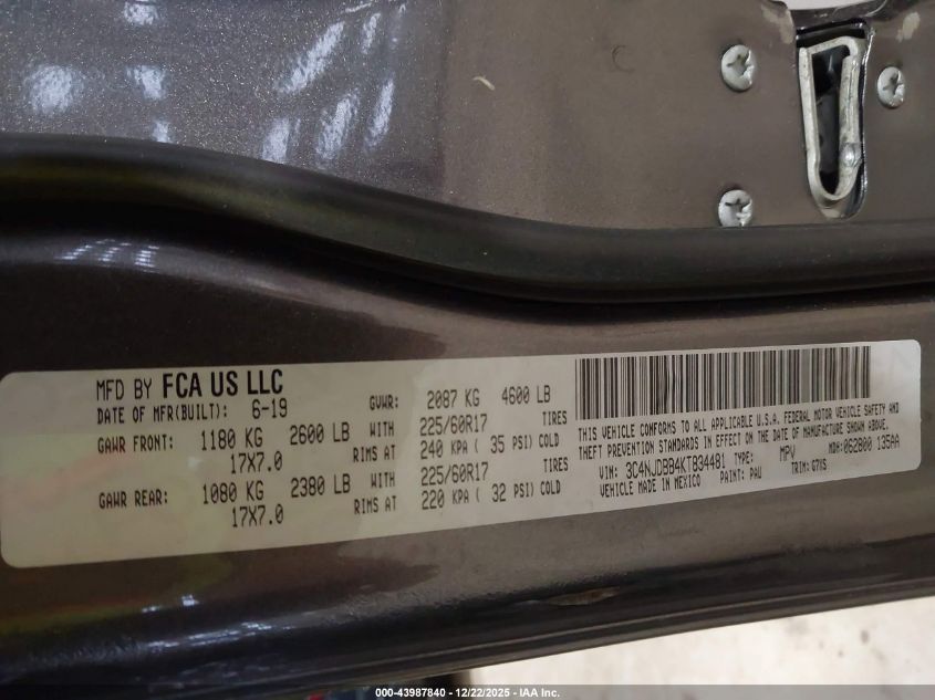 2019 Jeep Compass Latitude 4X4 VIN: 3C4NJDBB4KT834481 Lot: 43987840