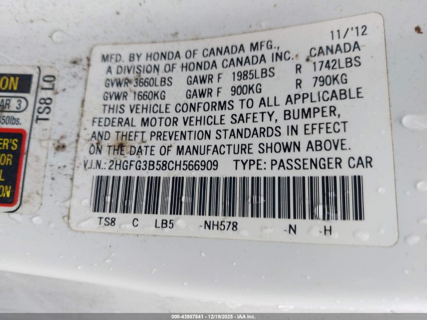 2012 Honda Civic Lx VIN: 2HGFG3B58CH566909 Lot: 43987841