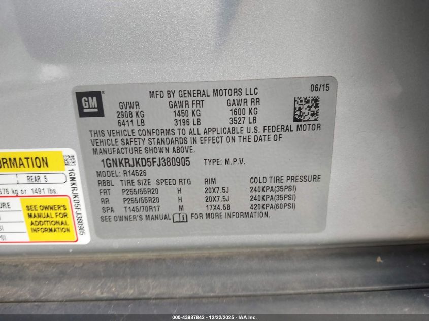 2015 Chevrolet Traverse Ltz VIN: 1GNKRJKD5FJ380905 Lot: 43987842