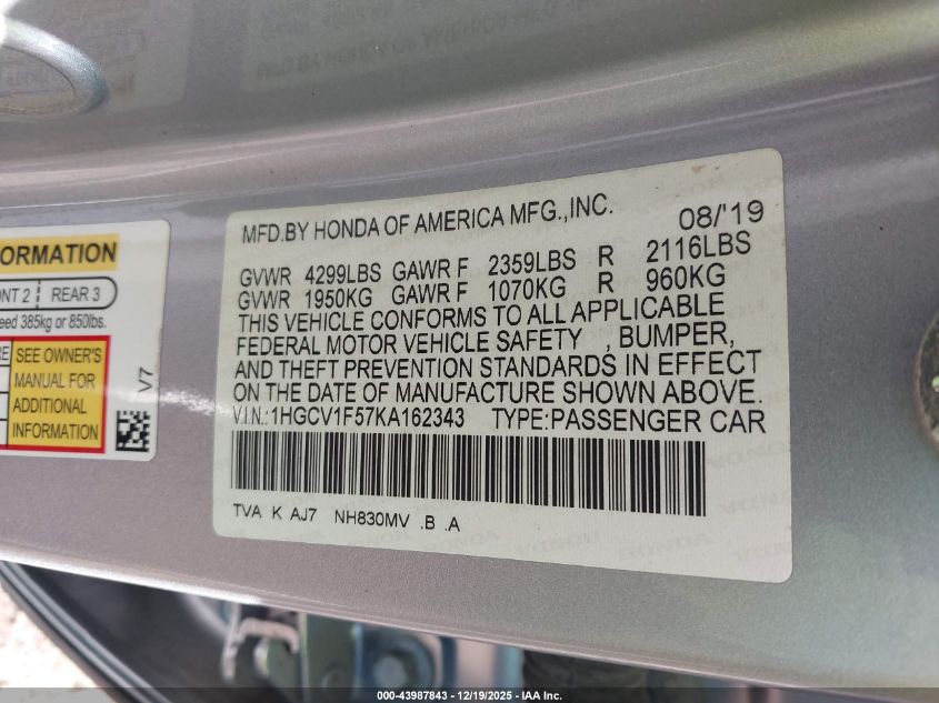 2019 Honda Accord Ex-L VIN: 1HGCV1F57KA162343 Lot: 43987843