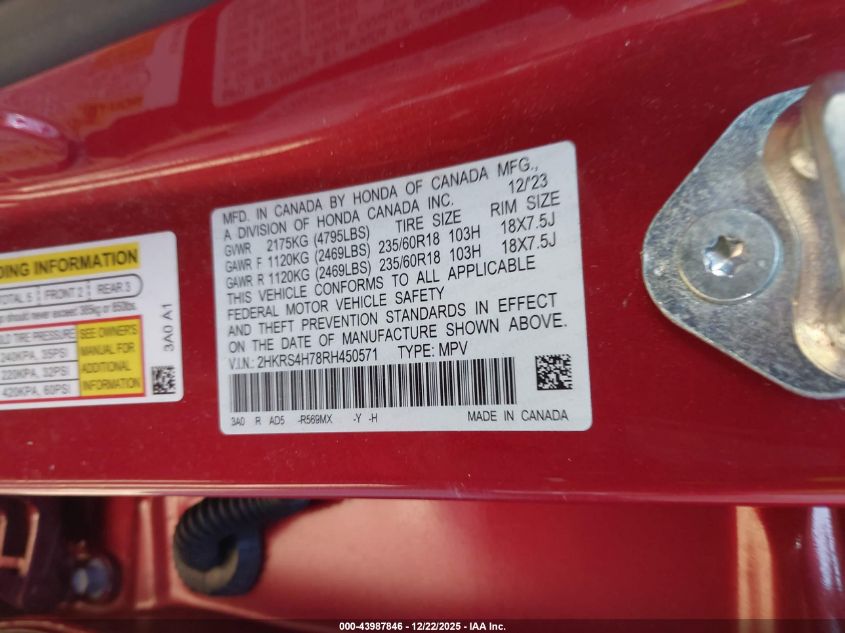 2024 Honda Cr-V Ex-L Awd VIN: 2HKRS4H78RH450571 Lot: 43987846