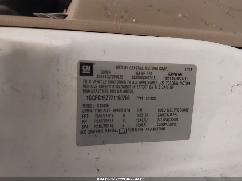 2007 Chevrolet Express Work Van VIN: 1GCFG15Z771160786 Lot: 43987850