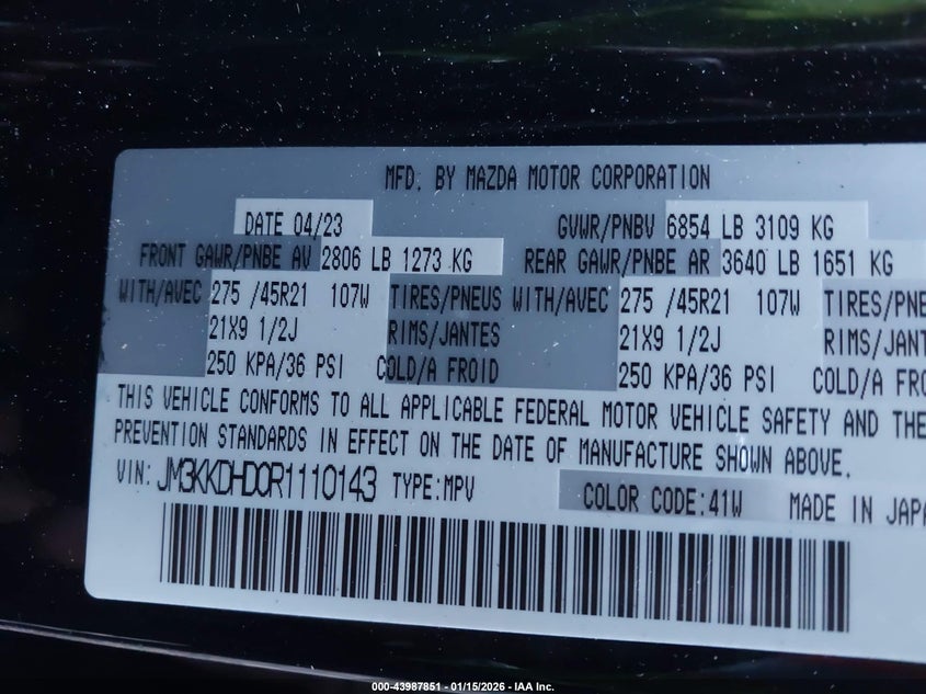 2024 Mazda Cx-90 3.3 Turbo Premium VIN: JM3KKDHD0R1110143 Lot: 43987851