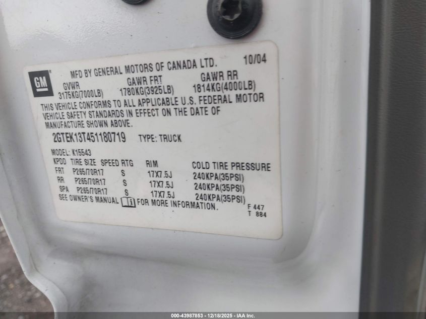 2005 GMC Sierra 1500 Slt VIN: 2GTEK13T451180719 Lot: 43987853