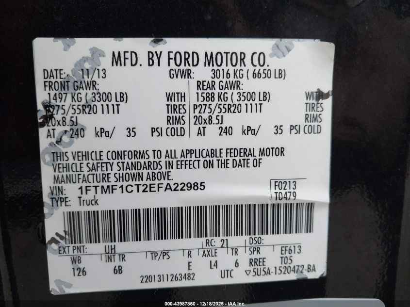 2014 Ford F-150 Fx2 VIN: 1FTMF1CT2EFA22985 Lot: 43987860