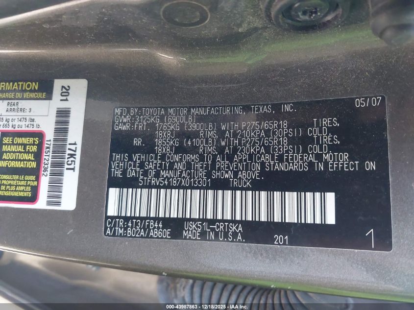 2007 Toyota Tundra Sr5 V8 VIN: 5TFRV54187X013301 Lot: 43987863