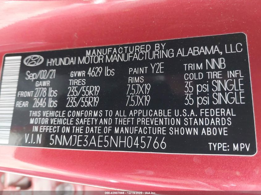 2022 Hyundai Tucson Limited VIN: 5NMJE3AE5NH045766 Lot: 43987866