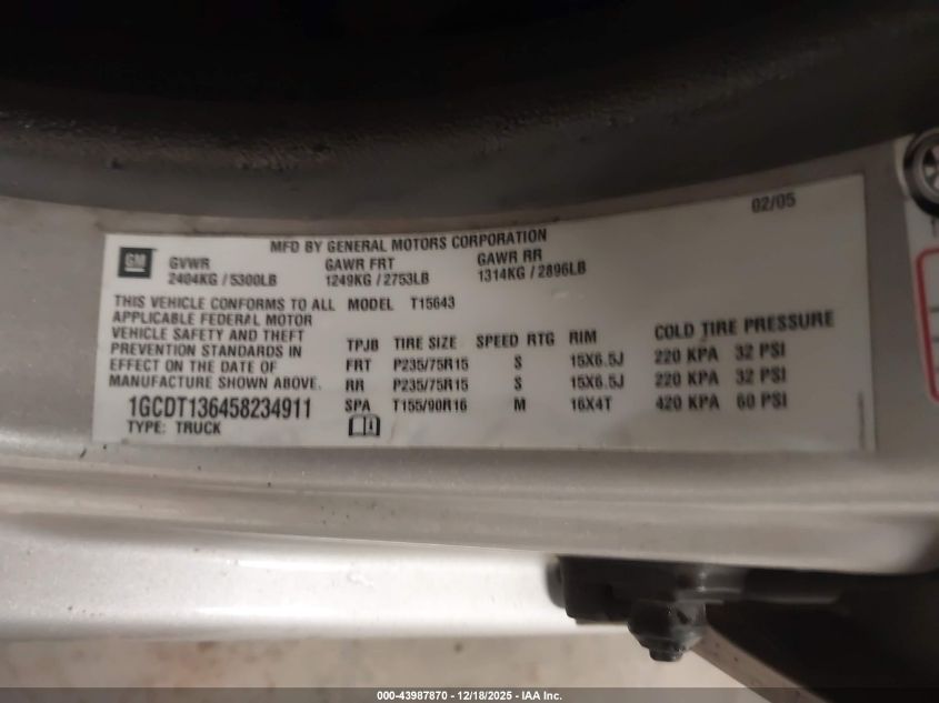 2005 Chevrolet Colorado Ls VIN: 1GCDT136458234911 Lot: 43987870