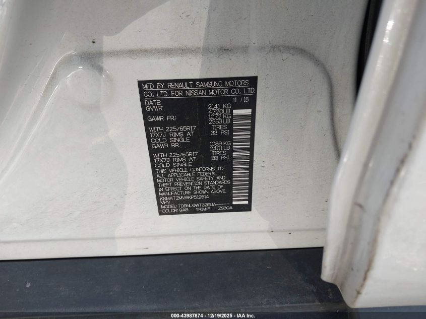 2019 Nissan Rogue Sv VIN: KNMAT2MV6KP519514 Lot: 43987874