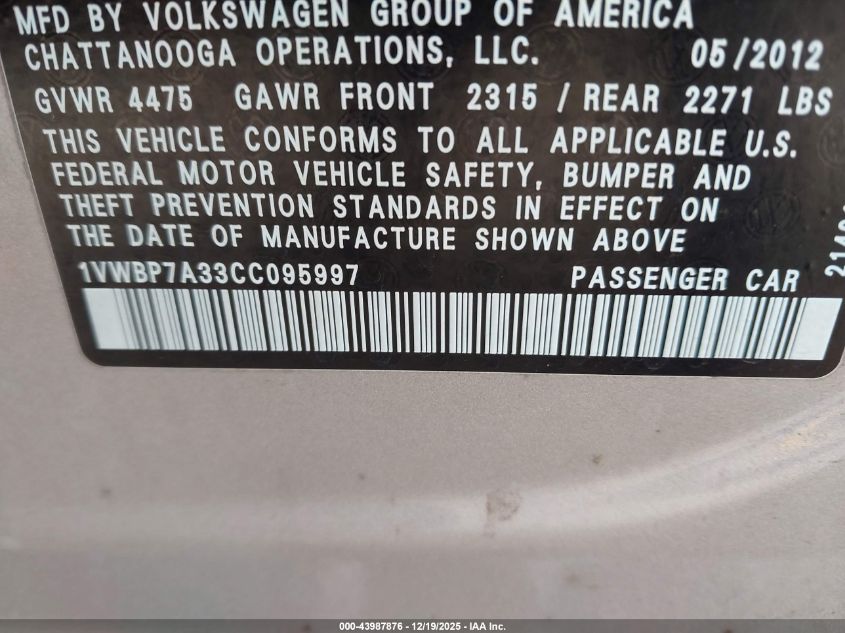 2012 Volkswagen Passat 2.5L Se VIN: 1VWBP7A33CC095997 Lot: 43987876
