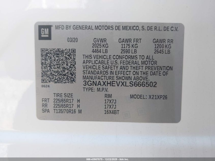 2020 Chevrolet Equinox Fwd Ls VIN: 3GNAXHEVXLS666502 Lot: 43987879