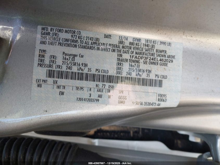 2014 Ford Focus Se VIN: 1FADP3F24EL462029 Lot: 43987887