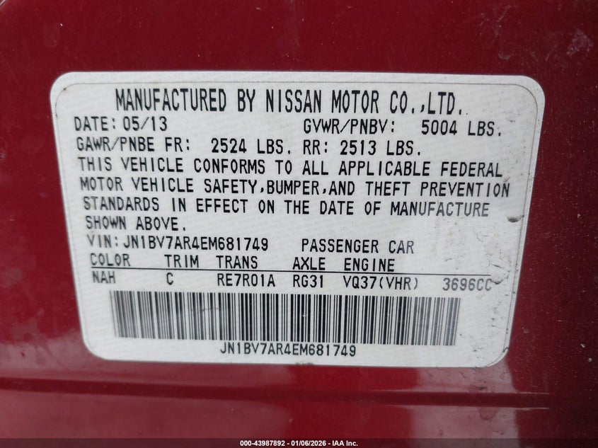 2014 Infiniti Q50 Premium VIN: JN1BV7AR4EM681749 Lot: 43987892