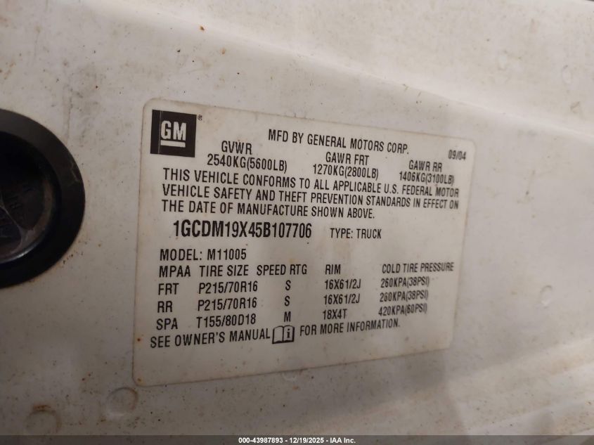 2005 Chevrolet Astro VIN: 1GCDM19X45B107706 Lot: 43987893