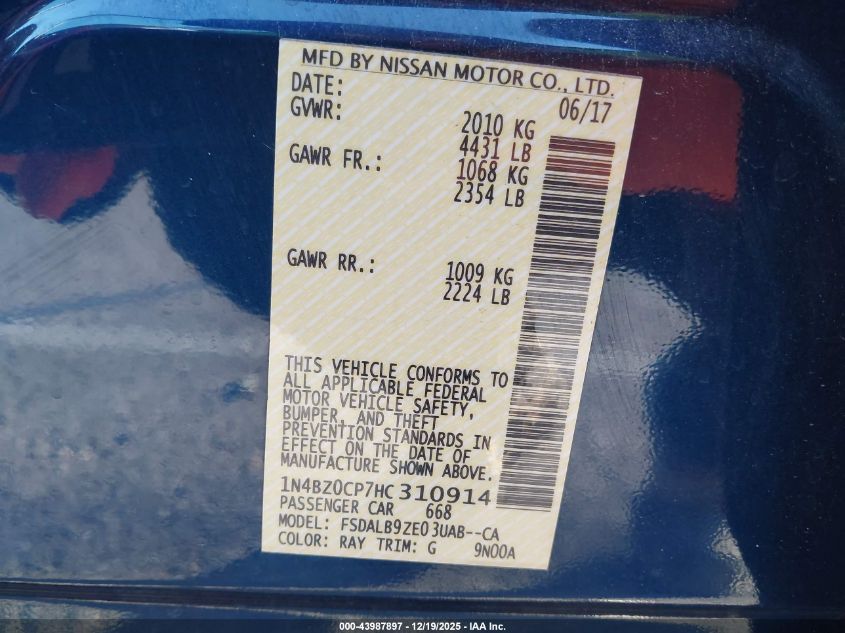 2017 Nissan Leaf S VIN: 1N4BZ0CP7HC310914 Lot: 43987897