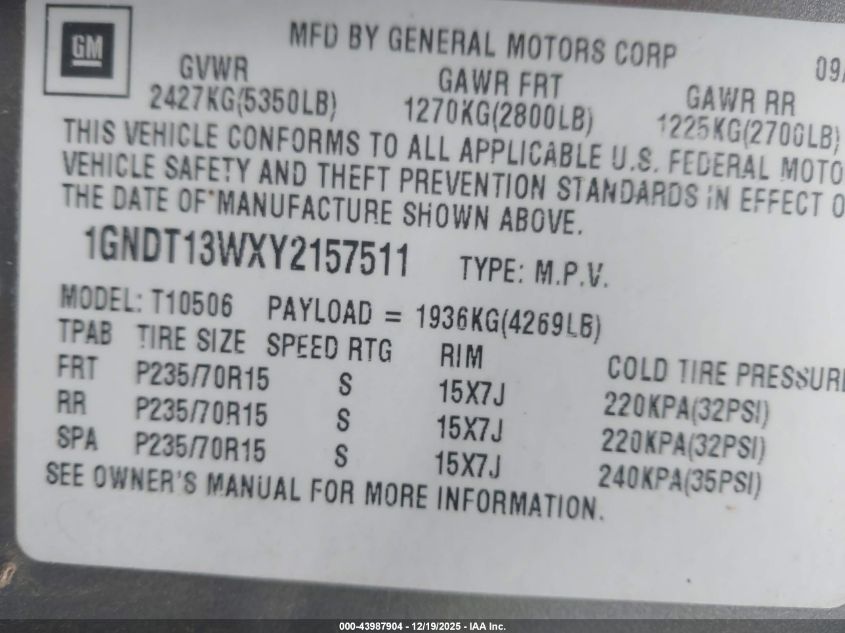 2000 Chevrolet Blazer Lt VIN: 1GNDT13WXY2157511 Lot: 43987904