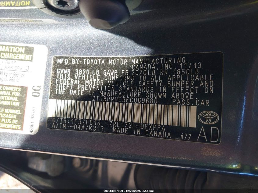 2014 Toyota Corolla Le Eco Plus VIN: 2T1BPRHE9EC069680 Lot: 43987909