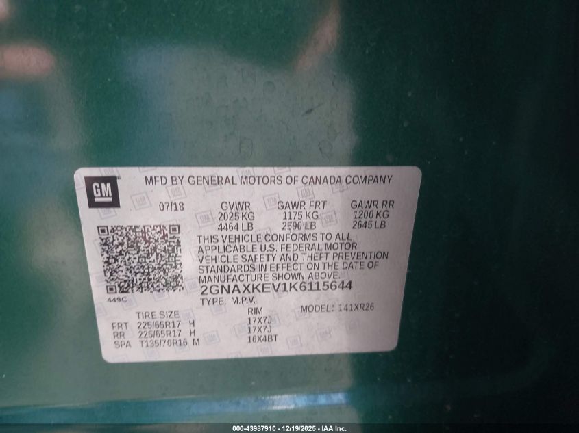 2019 Chevrolet Equinox Lt VIN: 2GNAXKEV1K6115644 Lot: 43987910
