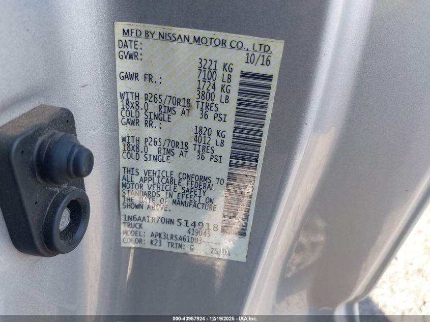 2017 Nissan Titan S VIN: 1N6AA1R70HN514918 Lot: 43987924