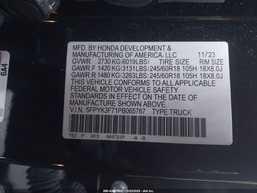 2023 Honda Ridgeline Rtl-E VIN: 5FPYK3F71PB065767 Lot: 43987925