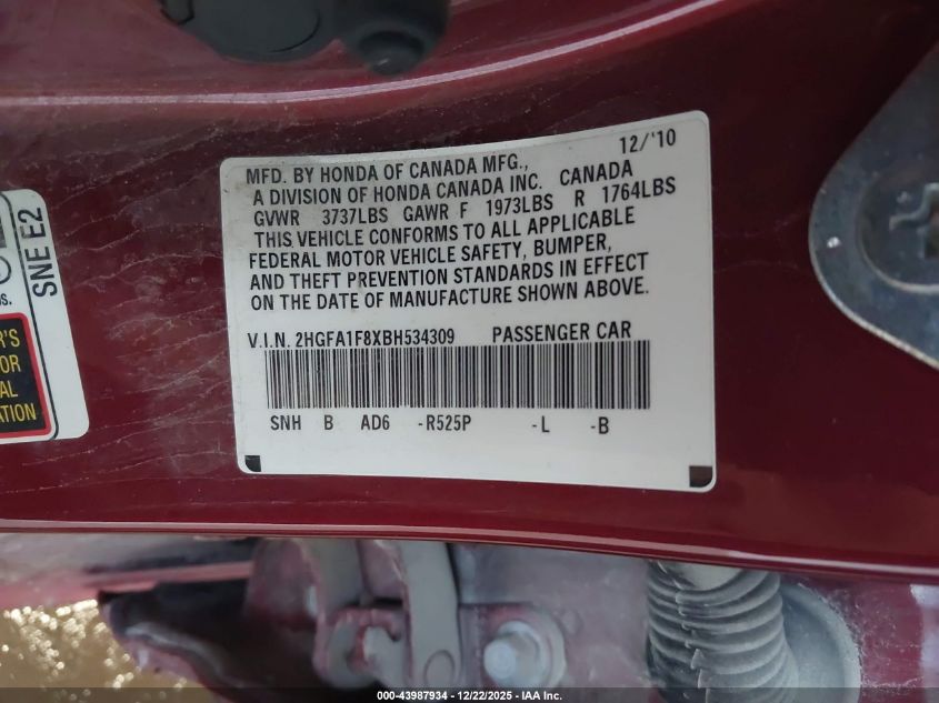 2011 Honda Civic Ex VIN: 2HGFA1F8XBH534309 Lot: 43987934