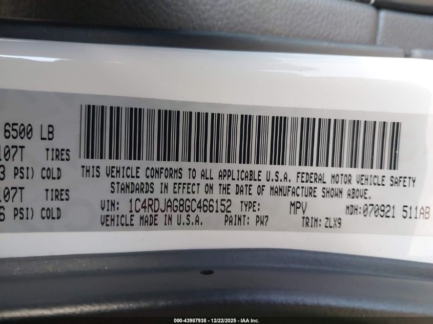 2016 Dodge Durango Sxt VIN: 1C4RDJAG8GC466152 Lot: 43987938