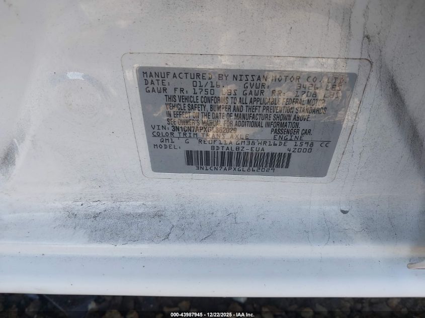 2016 Nissan Versa 1.6 Sv VIN: 3N1CN7APXGL86202 Lot: 43987945