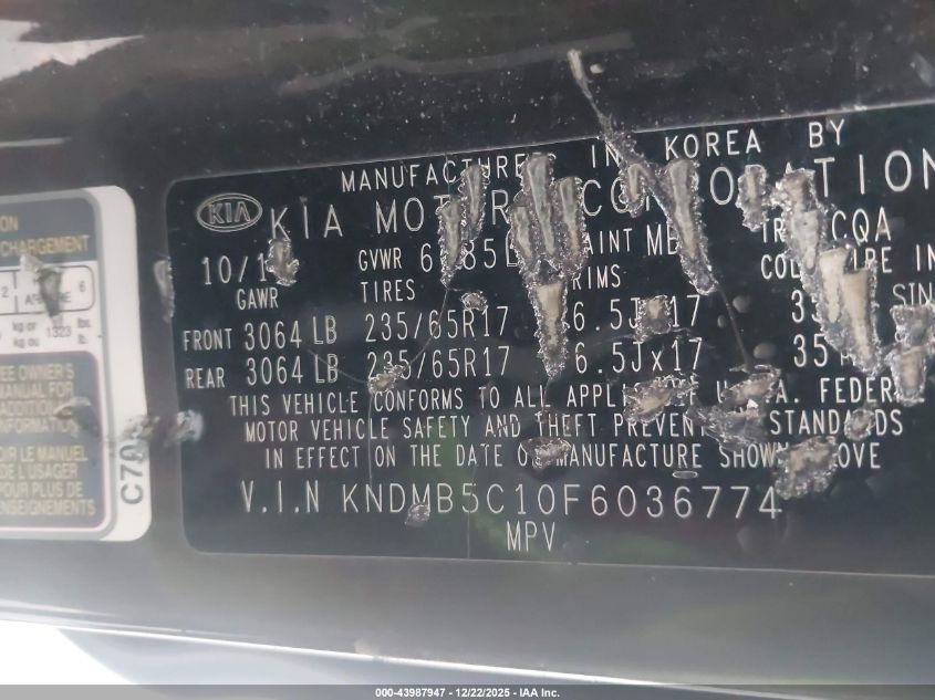 2015 Kia Sedona Lx VIN: KNDMB5C10F6036774 Lot: 43987947