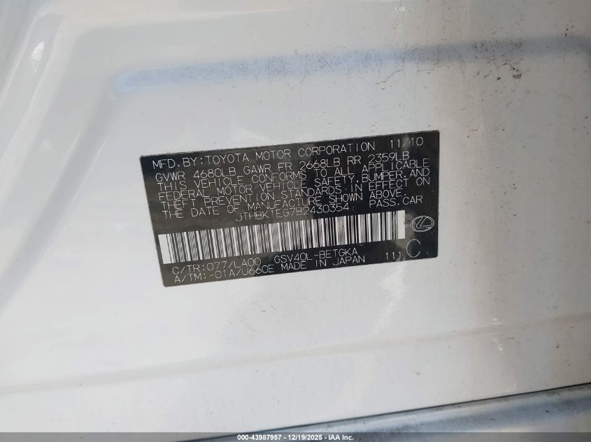 2011 Lexus Es 350 VIN: JTHBK1EG7B2430354 Lot: 43987957