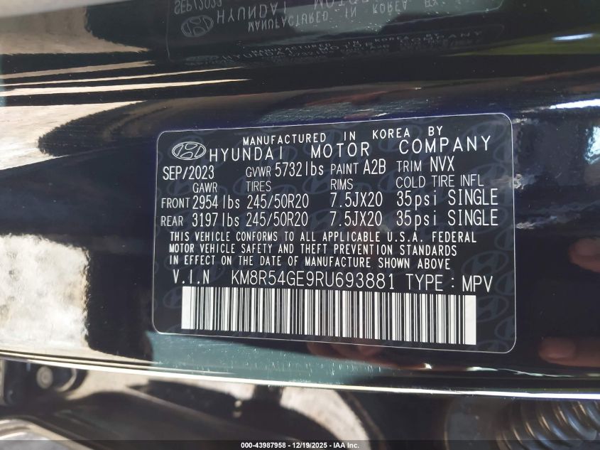 2024 Hyundai Palisade Limited VIN: KM8R54GE9RU693881 Lot: 43987958