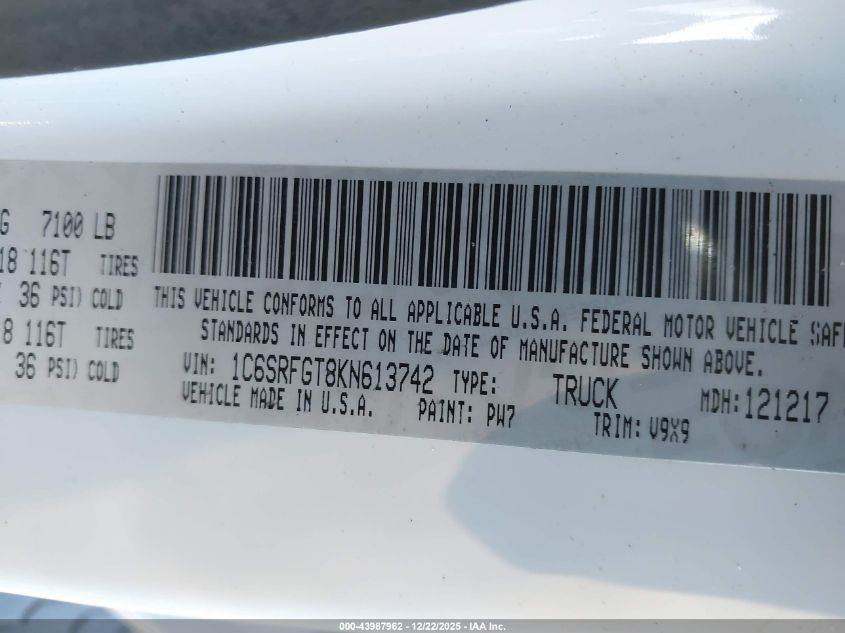 2019 Ram 1500 Tradesman 4X4 5'7 Box VIN: 1C6SRFGT8KN613742 Lot: 43987962