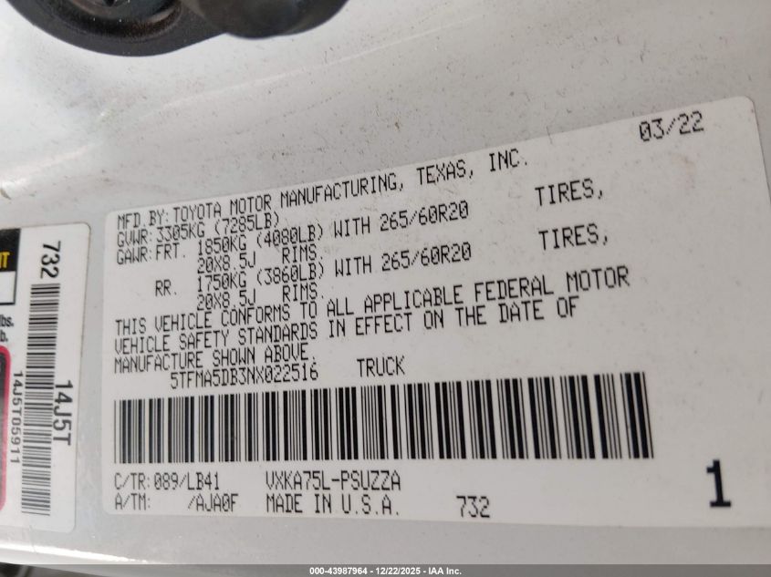 2022 Toyota Tundra 1794 Edition VIN: 5TFMA5DB3NX022516 Lot: 43987964