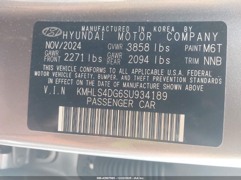 2025 Hyundai Elantra Sel Convenience VIN: KMHLS4DG6SU934189 Lot: 43987965