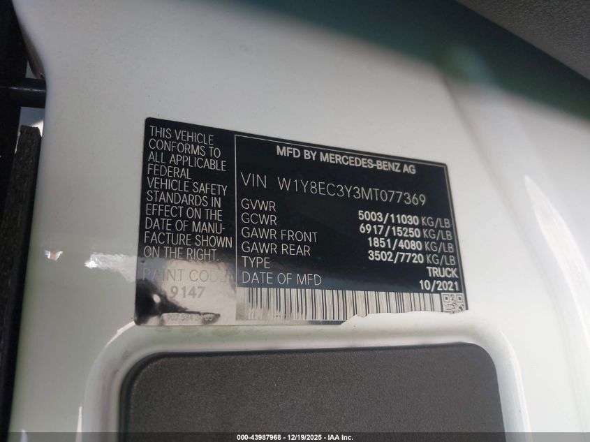 2021 Mercedes-Benz Sprinter 3500Xd High Roof V6 VIN: W1Y8EC3Y3MT077369 Lot: 43987968